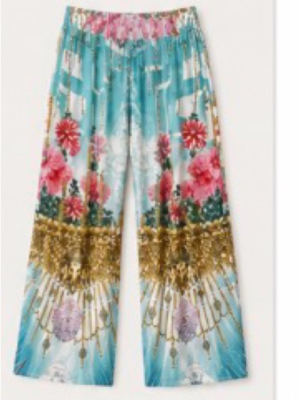 Wide Leg Floral Print Palazzo Pants in Turquoise and Pink